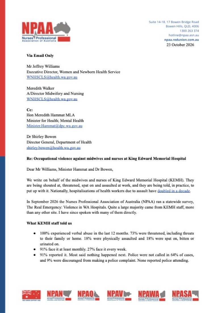 First page of NPAA's 23 October 2026 letter about occupational violence at KEMH